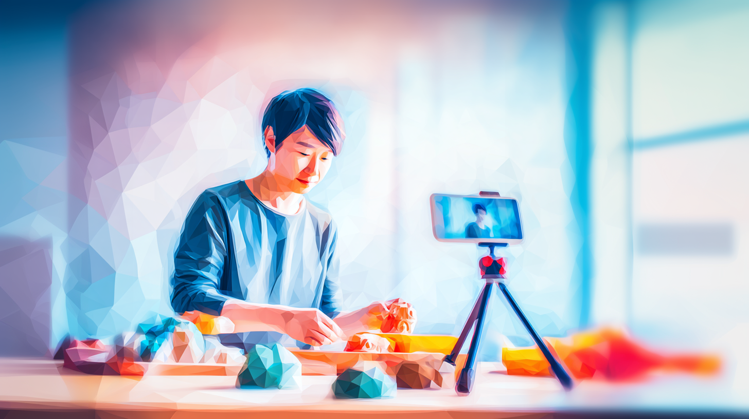 粘土でミニチュアやフィギュアをハンドメイドしている様子をスマホで撮影している男性のポリゴンイメージ
