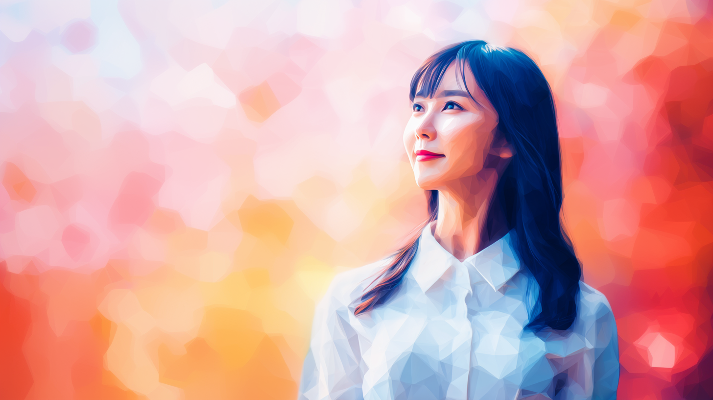 明るい未来を見るように見上げる女性モデルのポリゴンイメージ