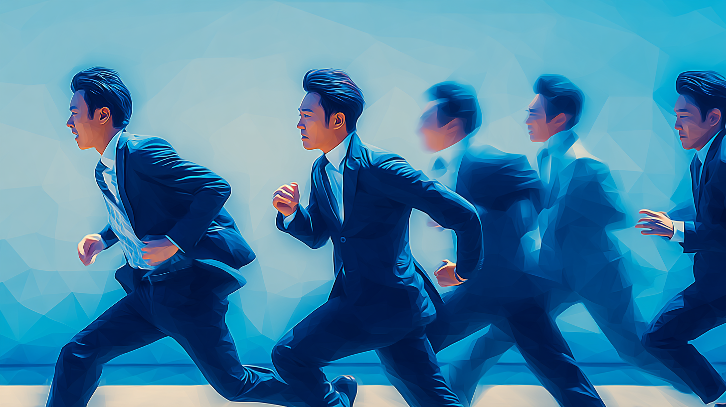 スーツで走っている男性たちを描くことでビジネスの競争を想起させるポリゴンイメージ