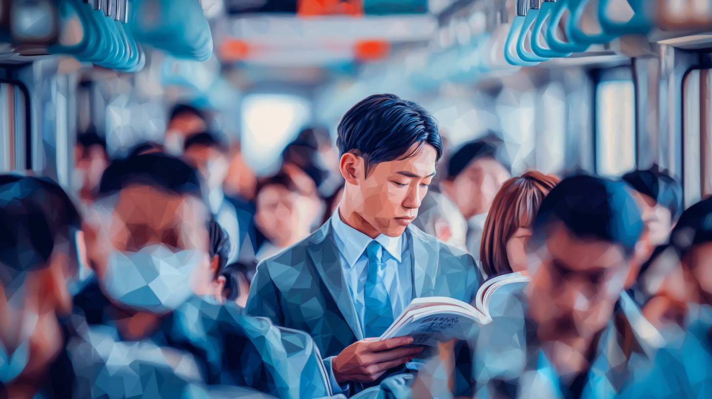 満員電車の中で資格試験の勉強をしているポリゴンイメージ