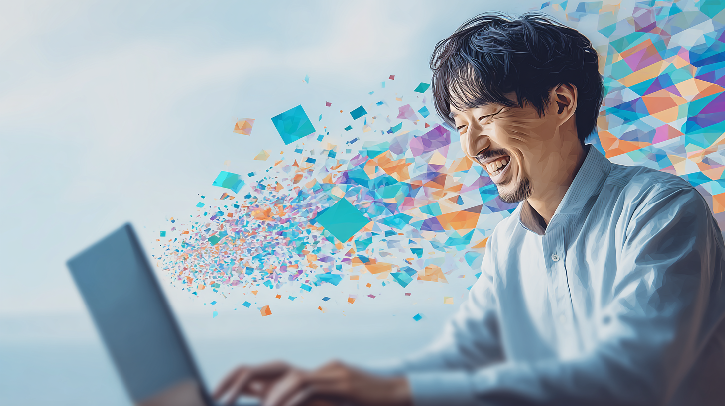 無数のコンテンツがパソコンから生み出されている様子のポリゴンイメージ