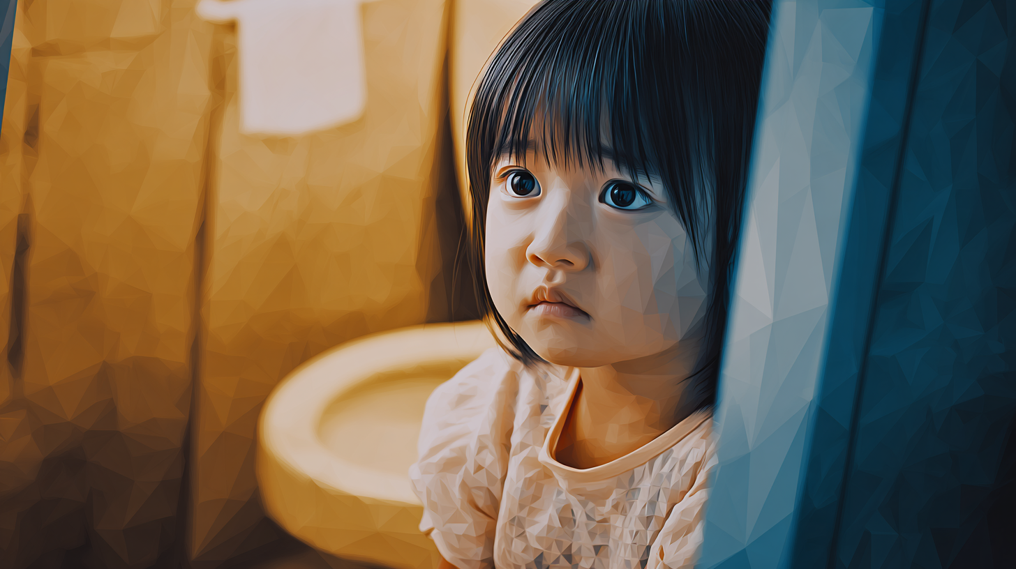 6歳の女の子がトイレに閉じ込められて悲しそうな表情をしているポリゴンイメージ