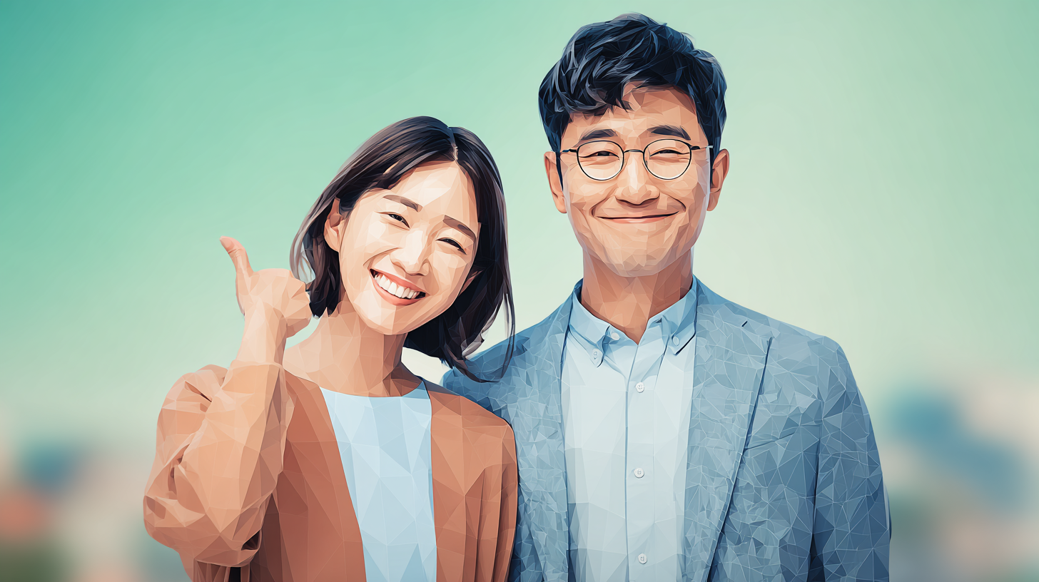 男女の制作ディレクターのにこやかな笑顔のポリゴンイメージ
