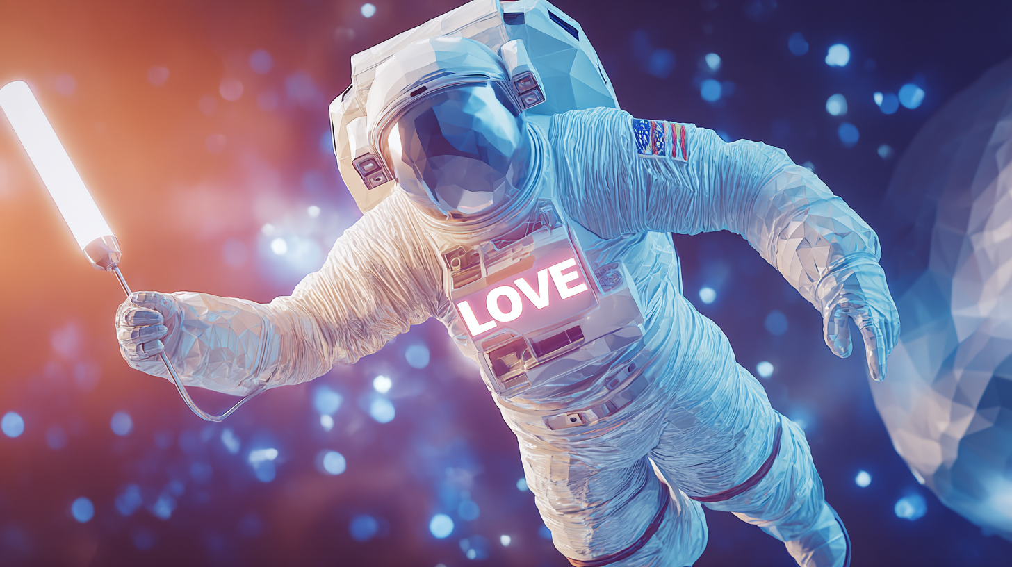 宇宙服を着てサイリウムを手にして宇宙空間で推し活しているポリゴンイメージ