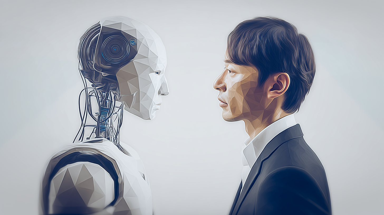 人間とアンドロイドが対峙しているポリゴンイメージ