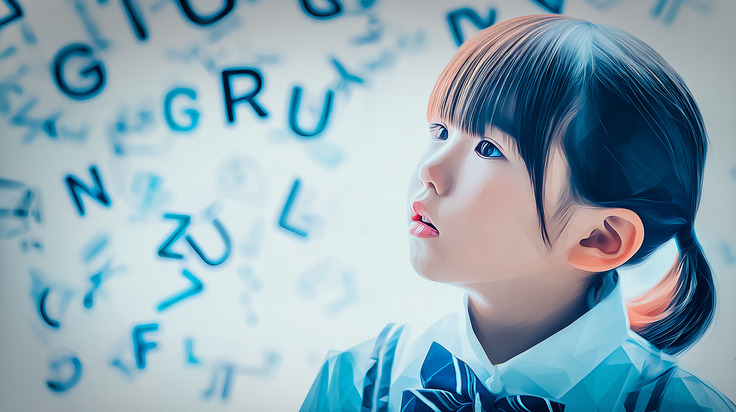 小学生が英語を学んでいる様子のポリゴンイメージ