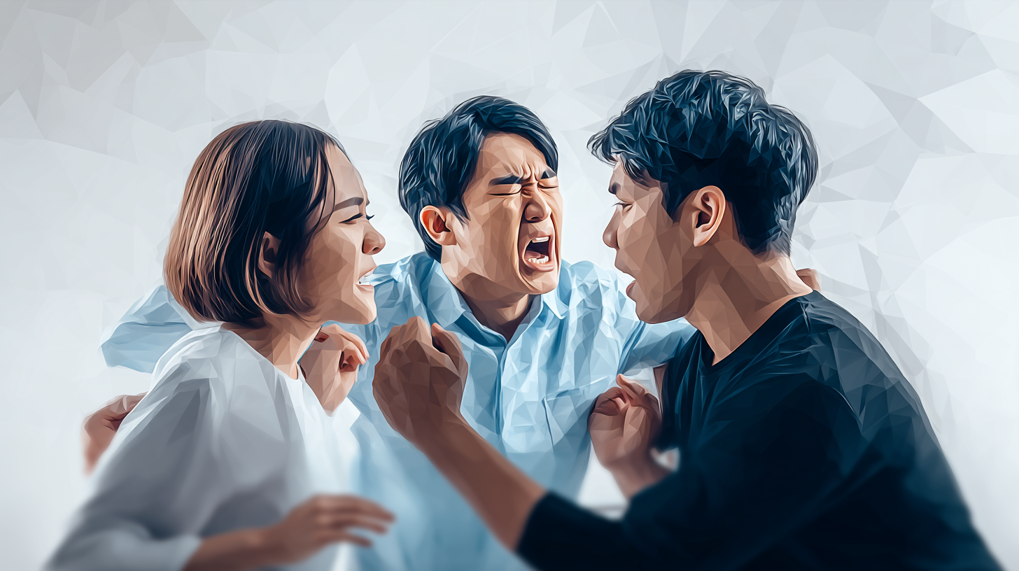 男女が議論や口論している間に立って仲裁している男性のポリゴンイメージ