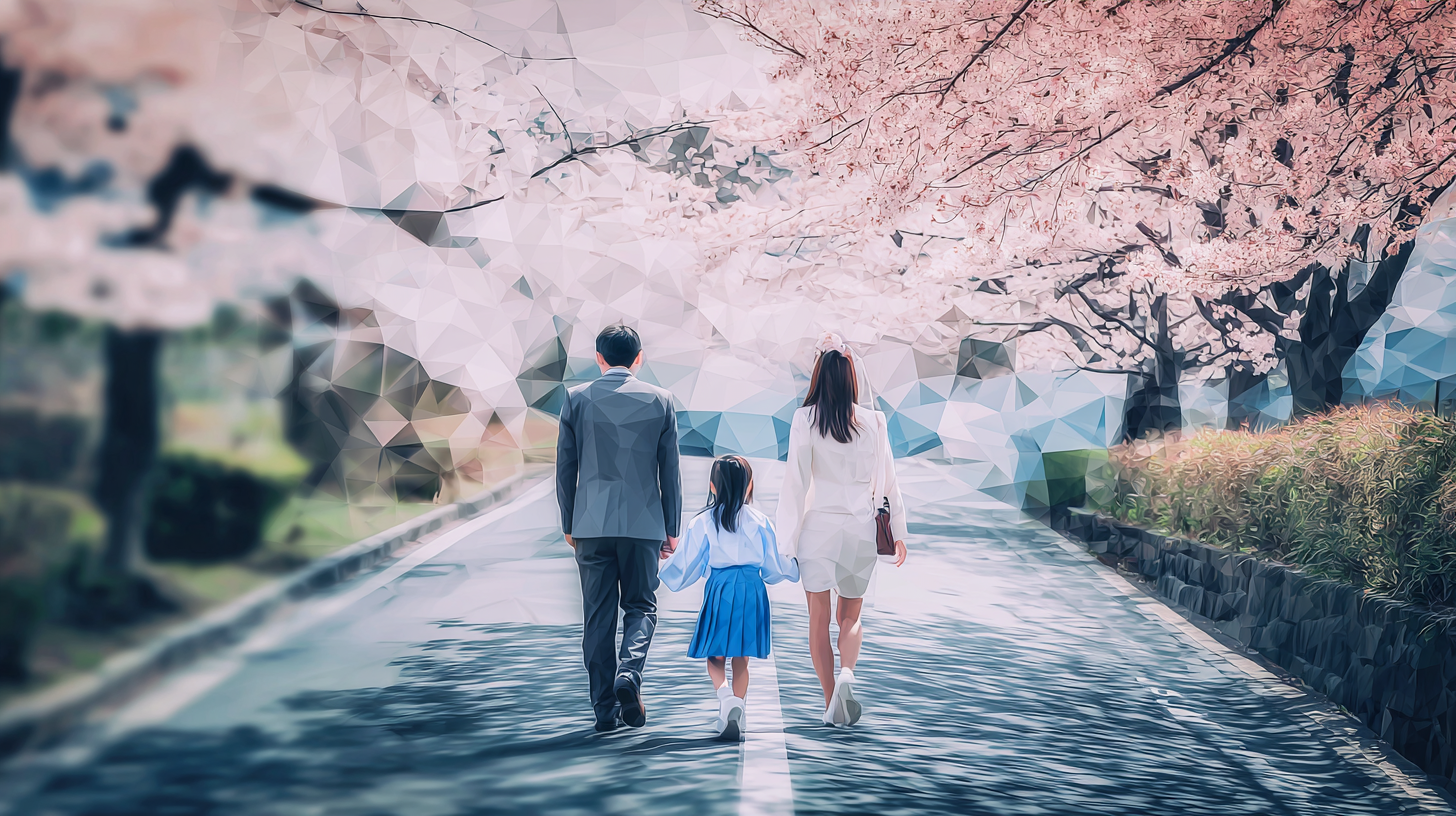 3人家族が桜並木を歩いているポリゴンイメージ