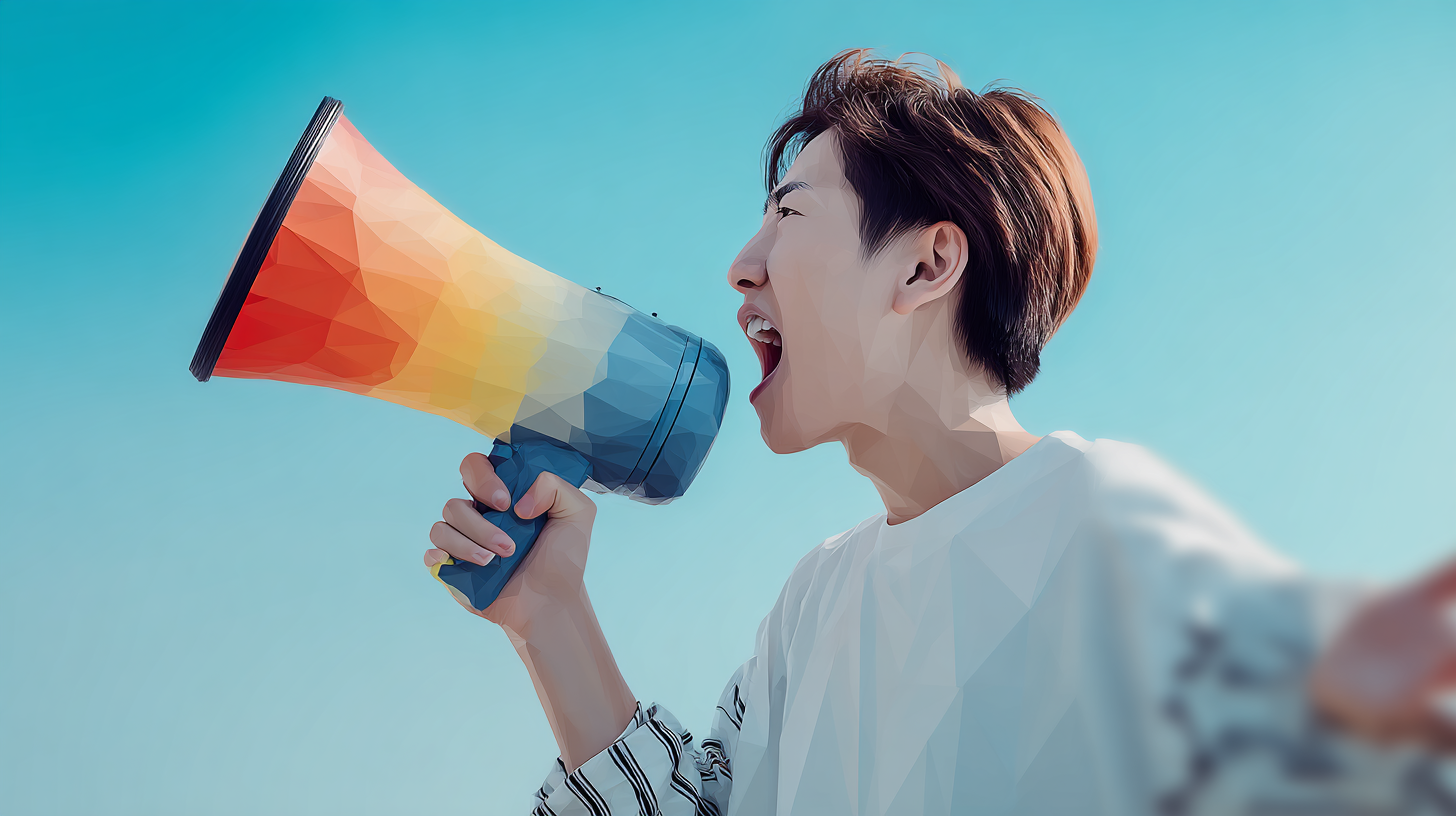 メガホンを持って大声で訴えている男性のポリゴンイメージ