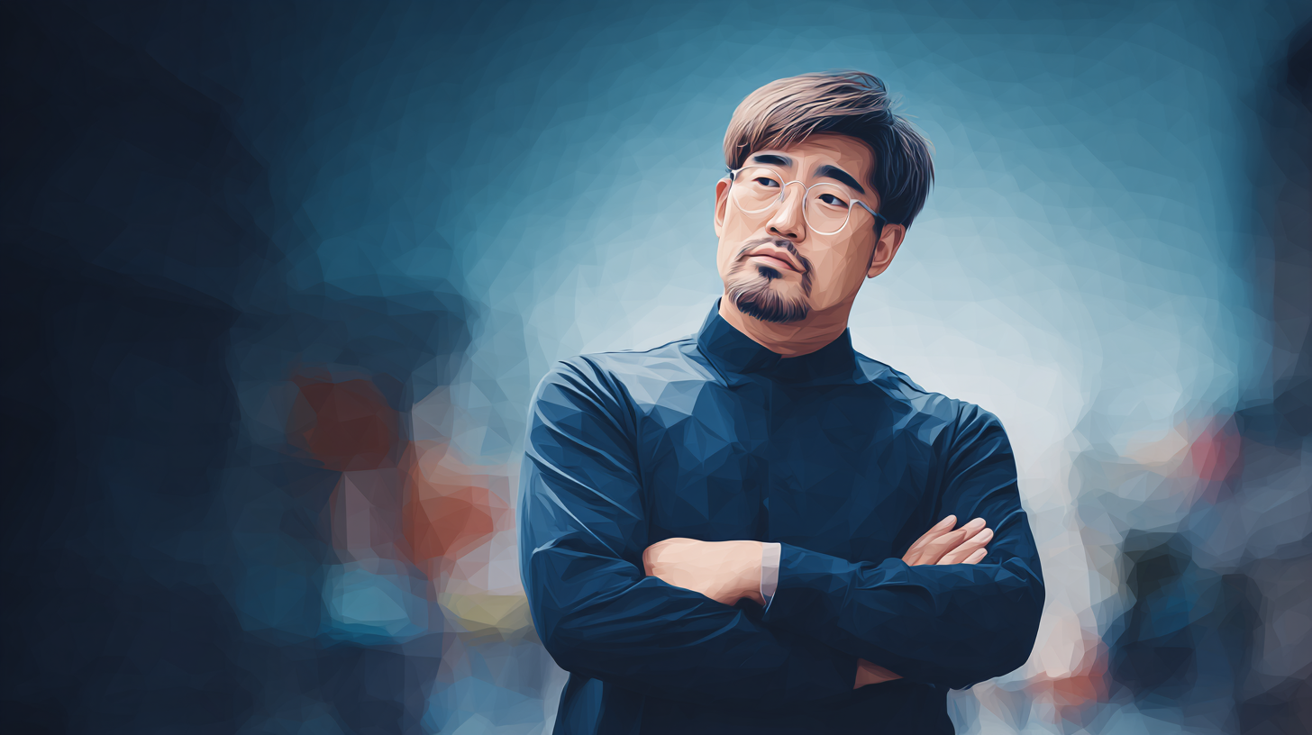首を傾げつつ腕組みをしてPTAに疑問を感じている男性のポリゴンイメージ