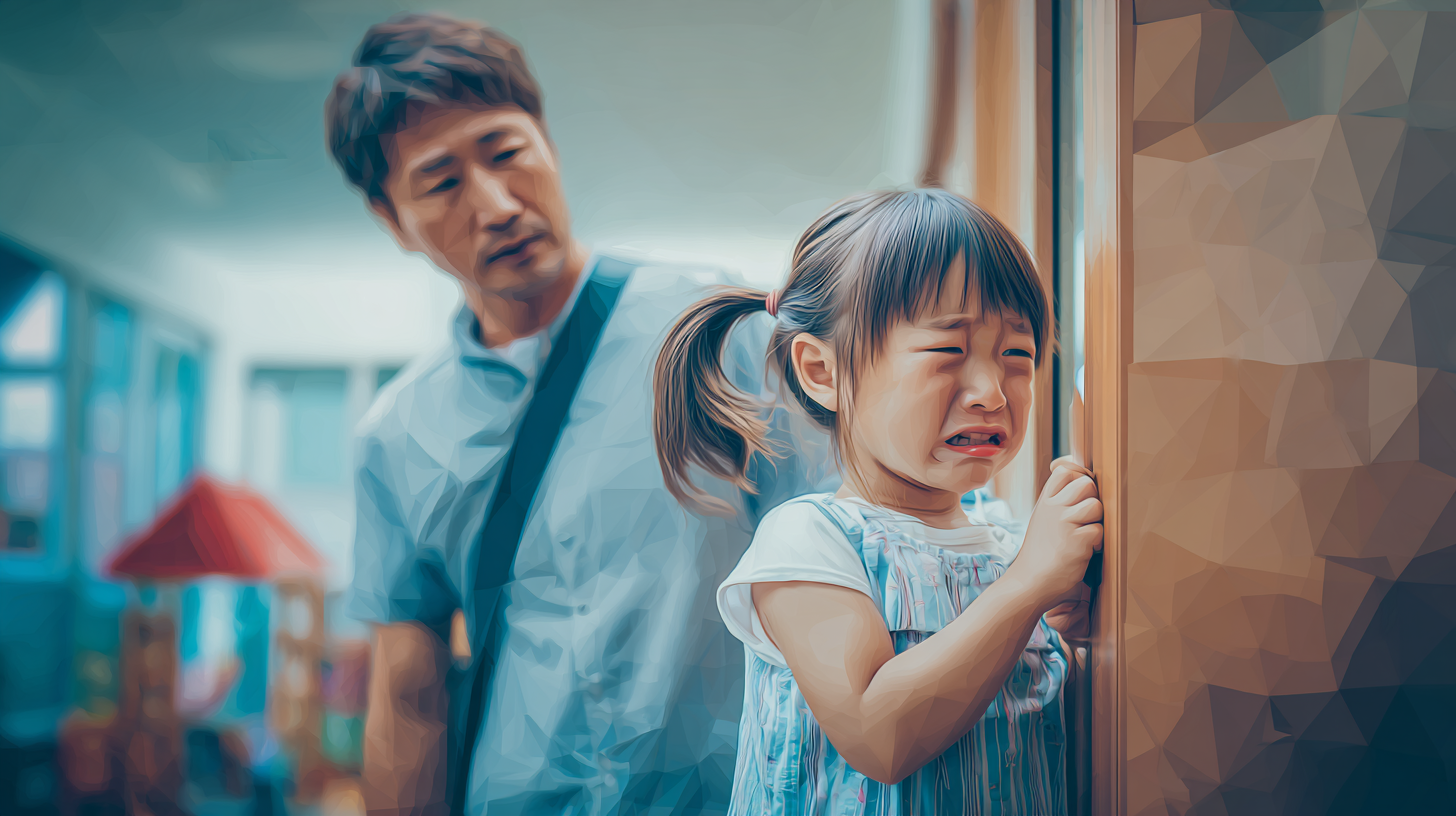 保育園の教室に入るのが怖くて泣いている女の子とそれを見守る父親のポリゴンイメージ